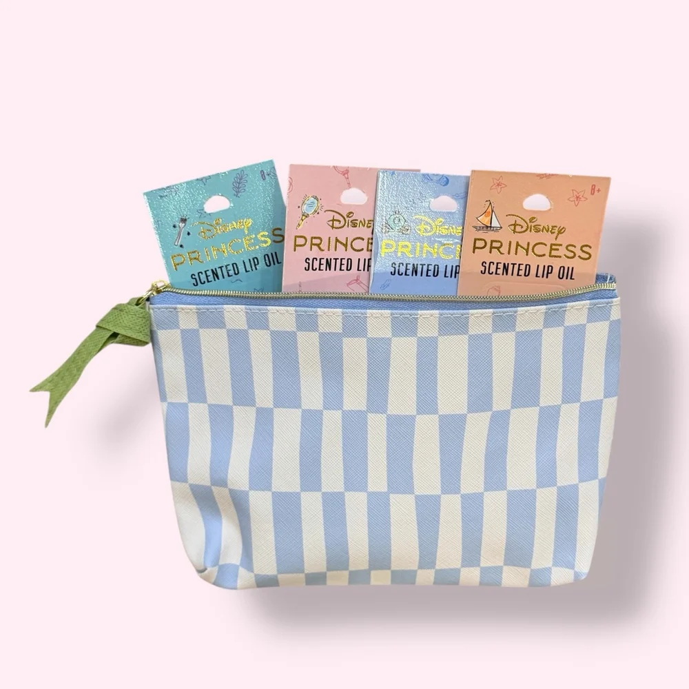 Disney Princess Scented Lip Oil Set + Blue Gingham Zipper Pouch New